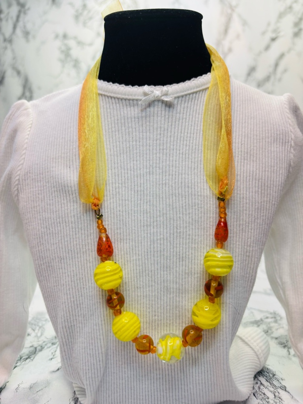 Vintage Murano Desert Sand Glass Yellow & Amber Bead Necklace with Sheer Ribbon